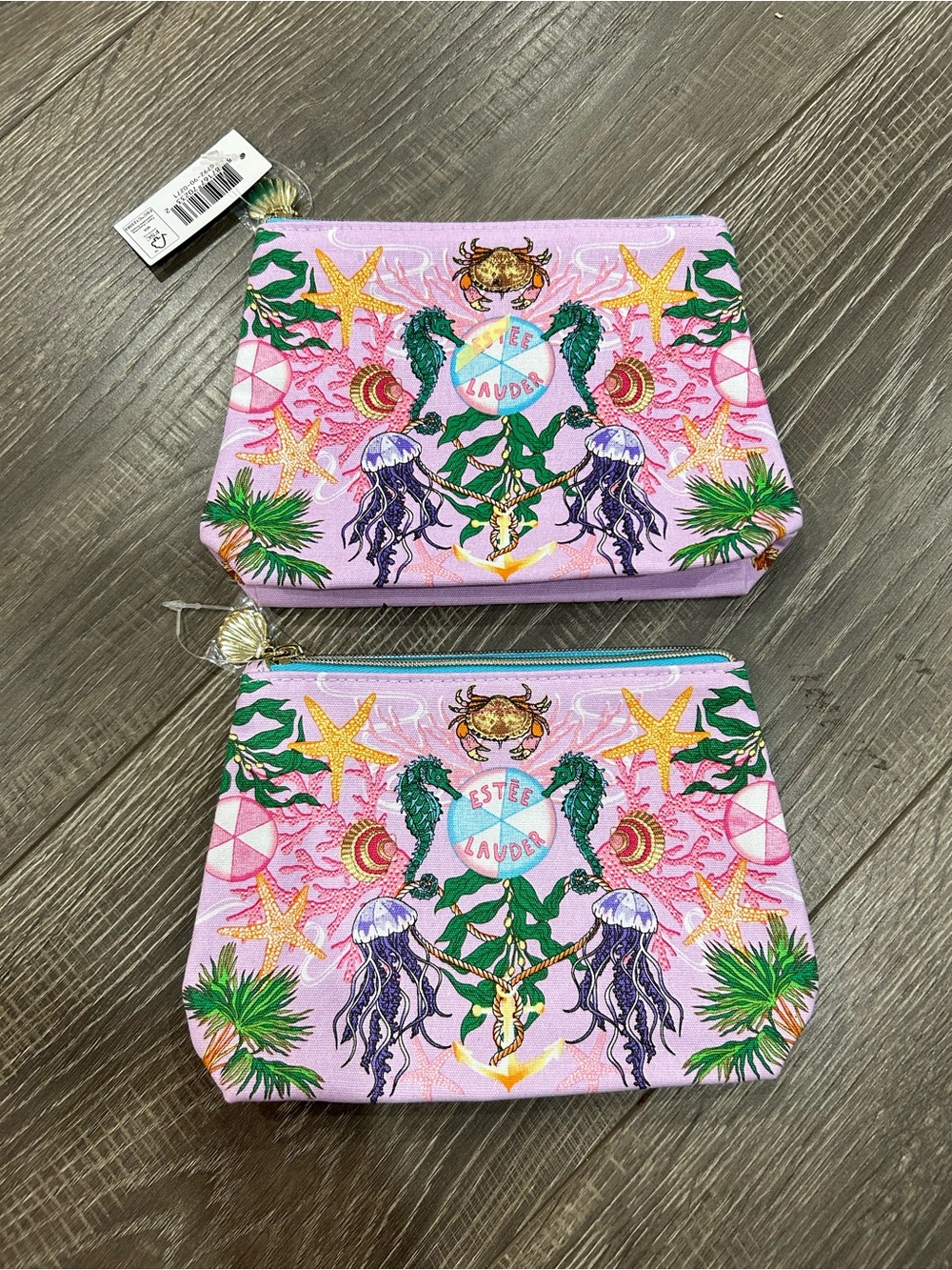2/$10 Estee Lauder Pink Tropical Sea-Print Cosmetic Pouches